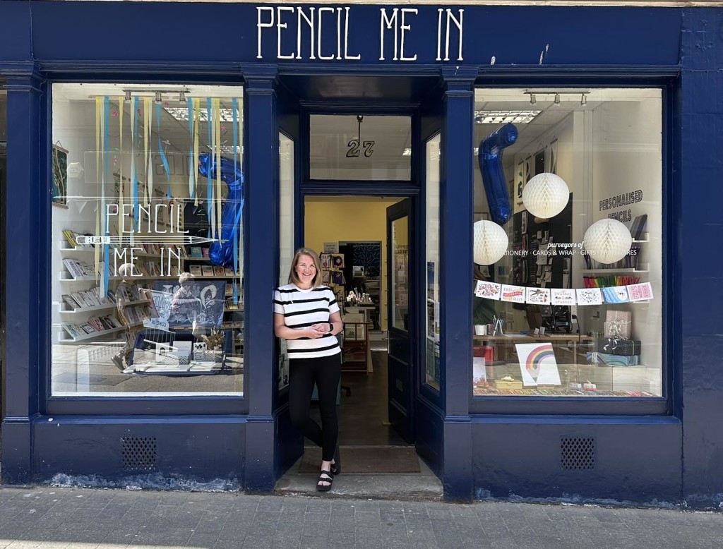 Above: Sarah Holmes outside Pencil Me In in Elgin.