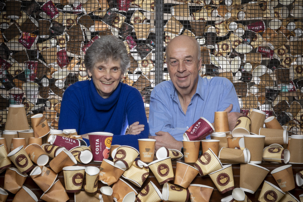 Above: Sarah and Mark Downey with some of the coffee cups they save from landfill each year.