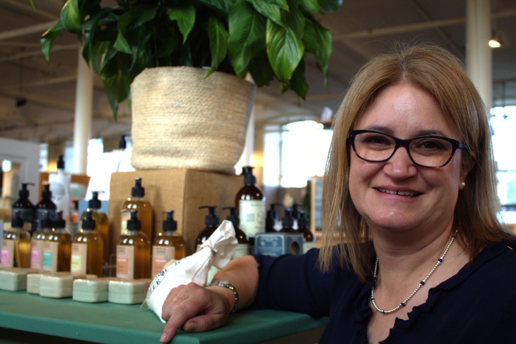 Above: Nikki Devine with some of the Marius Fabre products at retailer, The Home, at Salts Mill, Yorkshire.