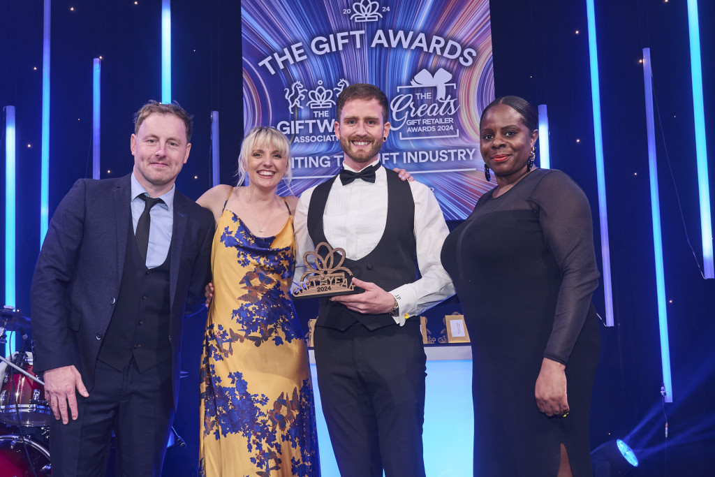 Above: Chantelle White, event manager of London Stationery Show, category sponsor, presented a Gift of the Year trophy to Beevive’s co-founders, Jake Powell and  Faye Whitley, as winners of the Gift of the Year 2024 Best Design & Craft Product or Range category.