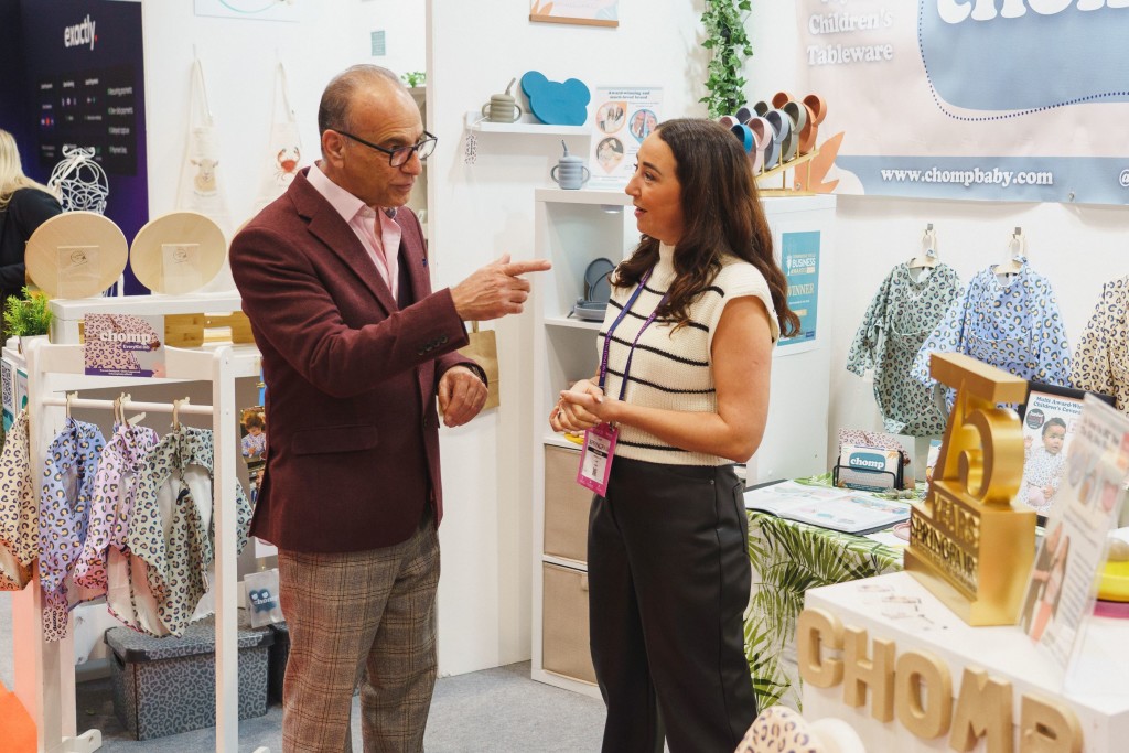 Above: Theo Paphitis, founder of #SBS Small Business Sunday, is shown chatting to one of 12 winners who received a free stand at Spring Fair.