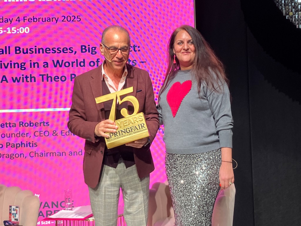 Above: Spring Fair’s event director Soraya Gadelrab presented Theo Paphitis with the show’s 75th anniversary Most Influential Person in Retailaward.